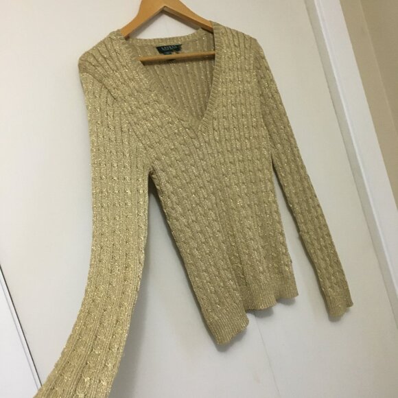 Ralph Lauren Silk Festive Golden Cable Knit V-Neck Sweater - Picture 3 of 13